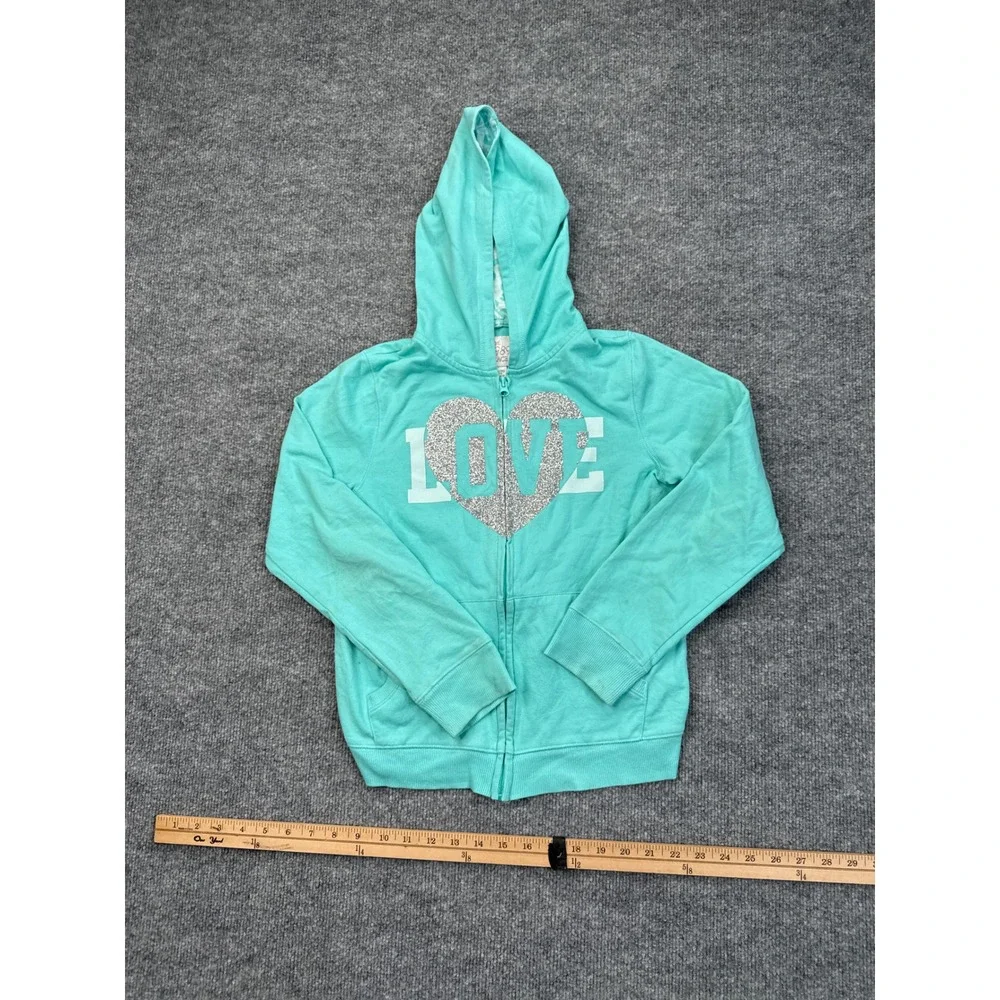 The Children's Place Girls XL 14 Teal Blue LOVE Glitter Zip Up Hoodie Sweatshirt